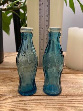 VTG Blue Glass Coca-Cola Mini Bottle Salt and Pepper Shakers (Set of 2) Taiwan